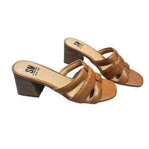 SM New York NIB Ina Womens Tan Strappy Block Heel Sandals Woven Man Made Workwea
